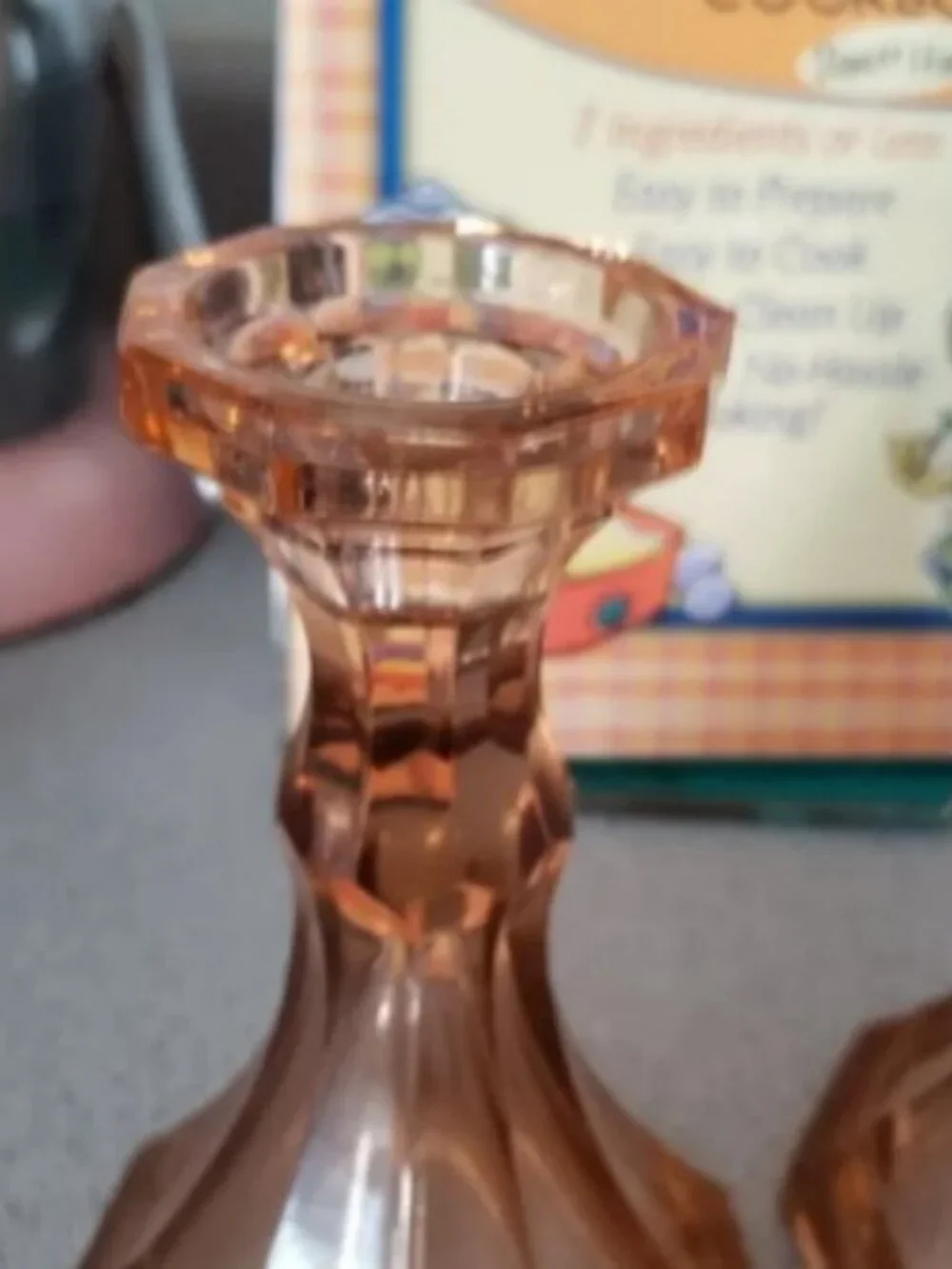 2 Peach Vintage FOSTORIA GLASS Heavy Pressed Glass CANDLESTICK HOLDERS